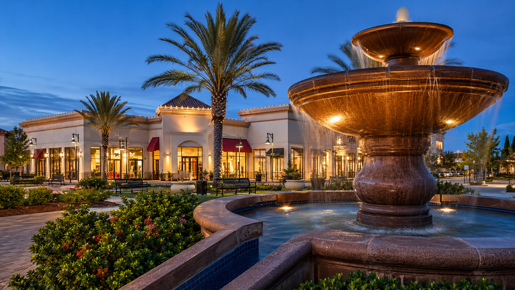The Streets of Brentwood shopping center at dusk with fountain and palm trees