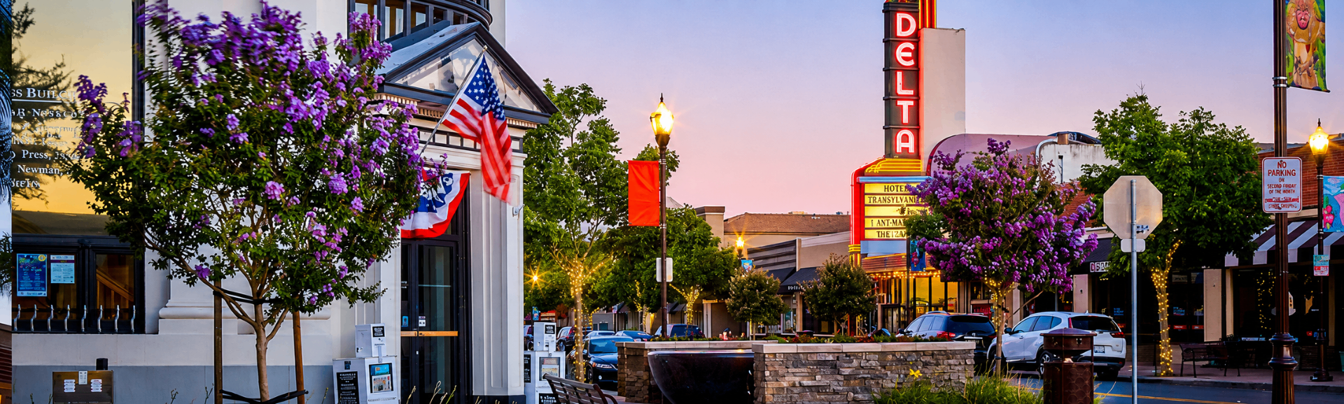 Historic Downtown Brentwood street view with the Delta Theatre