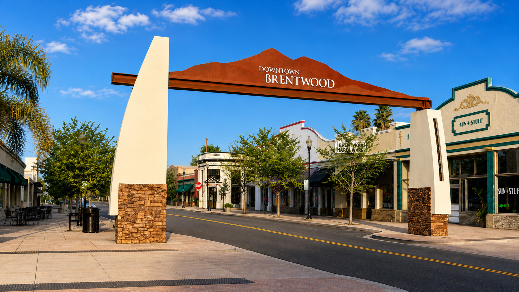Downtown Brentwood entrance arch and local shopping street