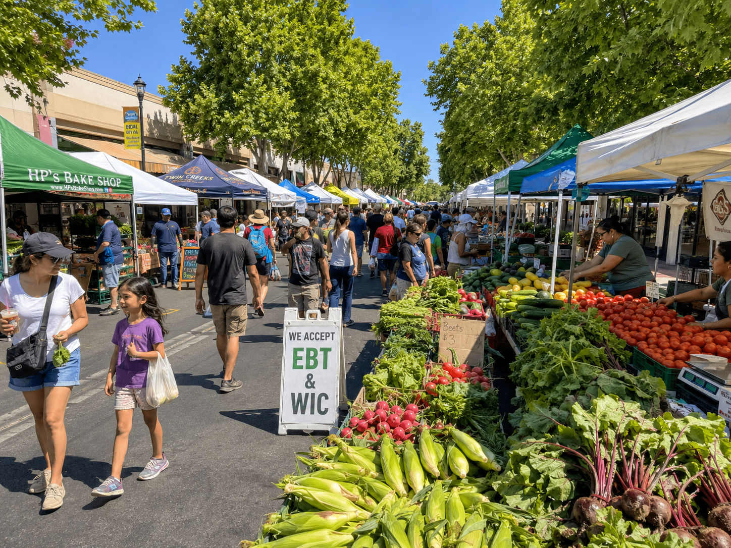 Brentwood Farmers Market street scene with vendor tents and shoppers