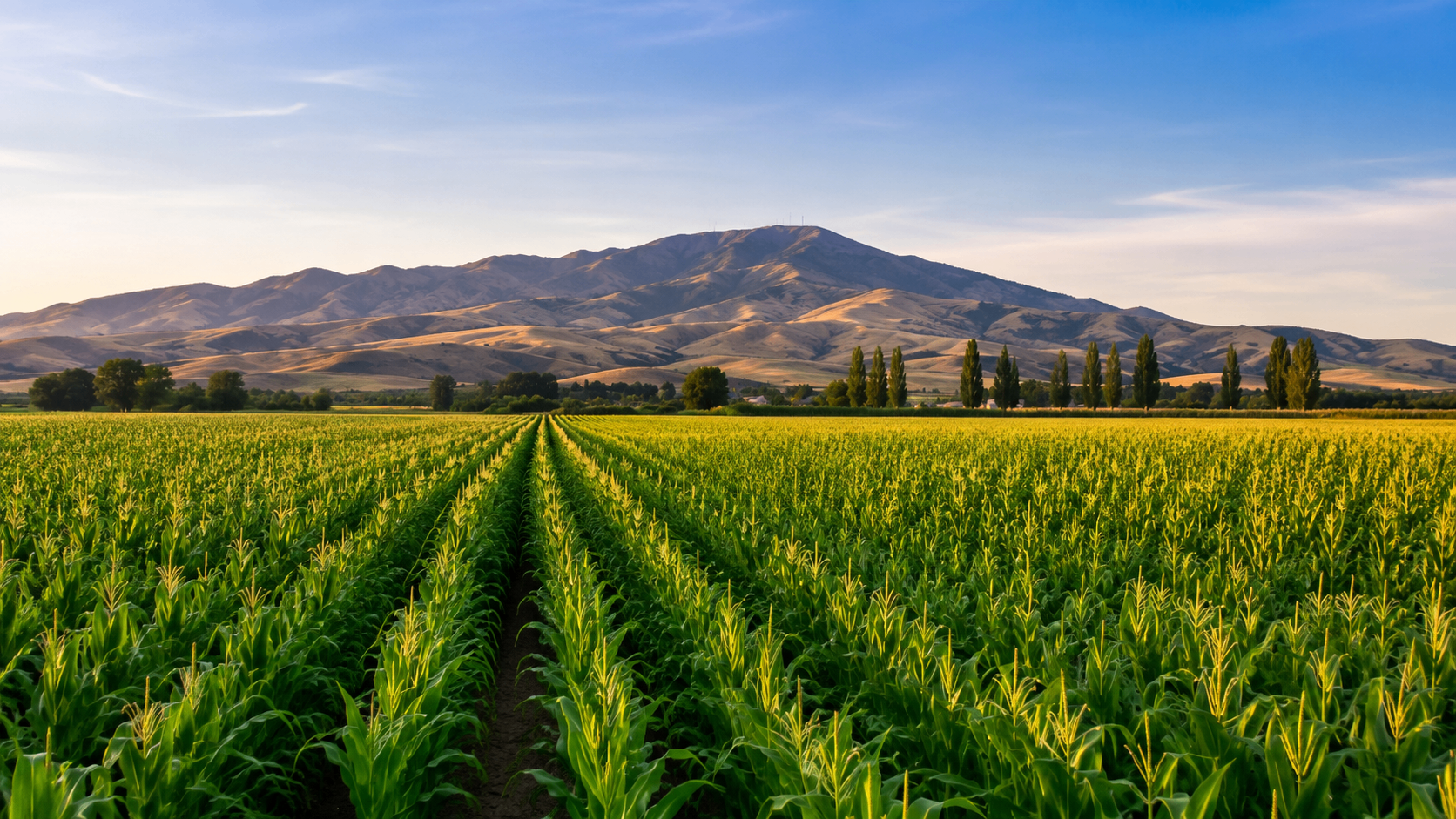Brentwood farmland with rows of corn and mountain backdrop